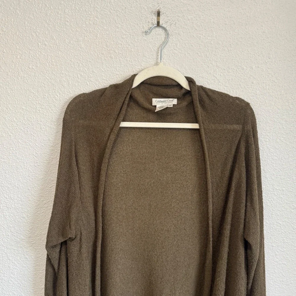 Coldwater Creek M Olive Brown Fringe Waterfall Open Front Cardigan Knit‎ Boho